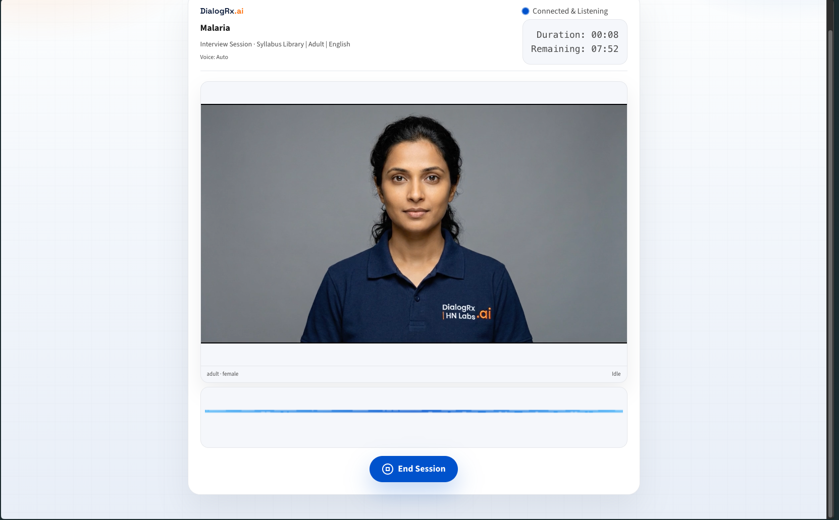 DialogRx virtual patient session for a malaria interview